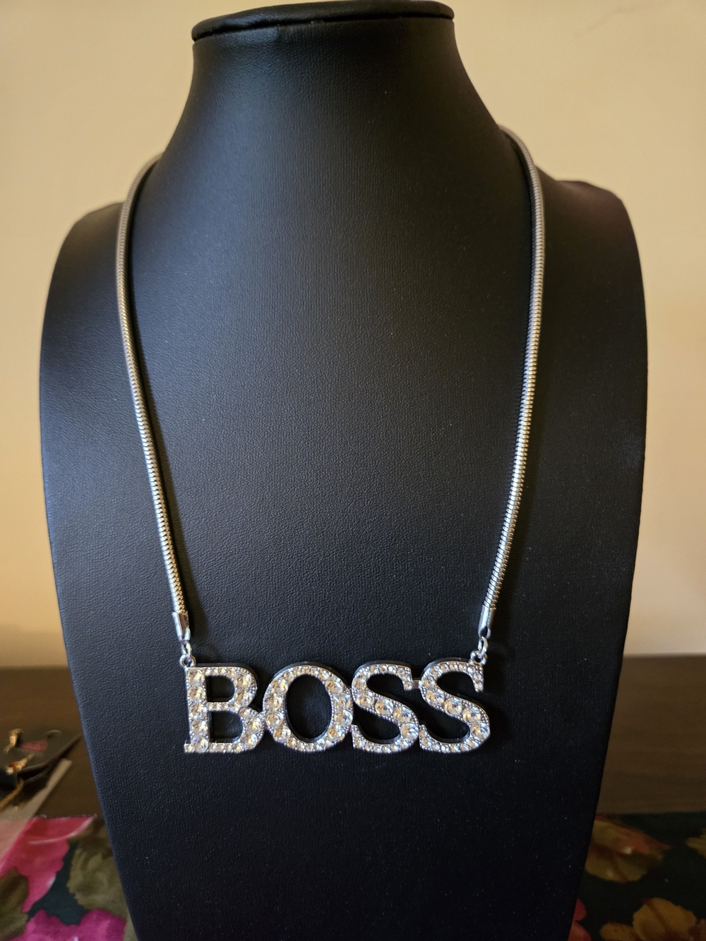 BOSS Silver Crystal Logo Necklace